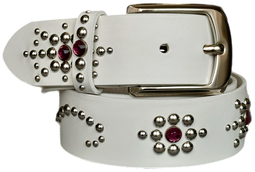 White studded leather belt V1
